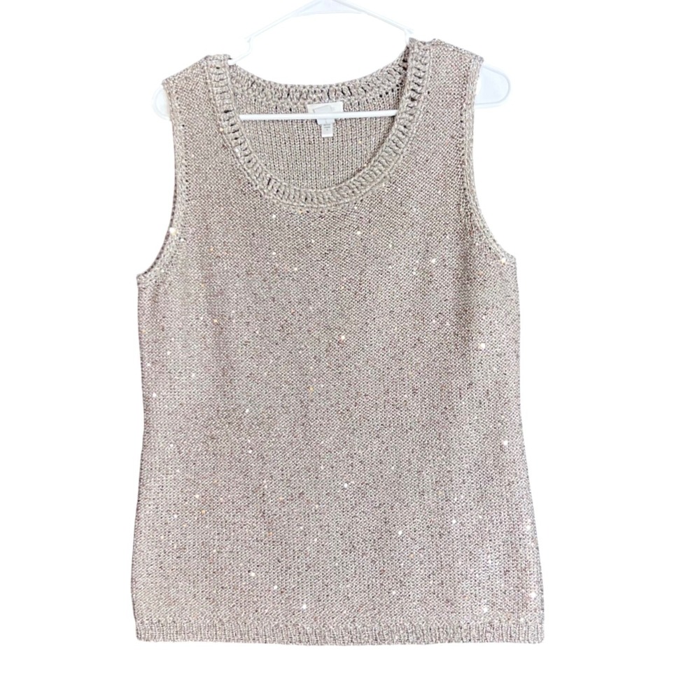 Chicos Womens Size 2 Metallic Knit Sweater Vest Beige Sparkle Casual Work Party - Picture 2 of 10